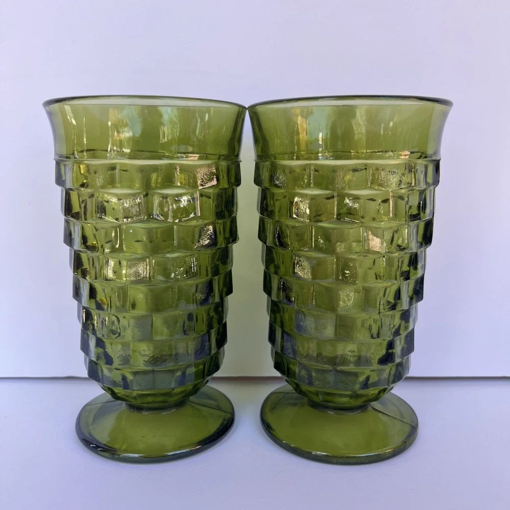 VTG Indiana Glass Whitehall Avocado Green Cubist 6